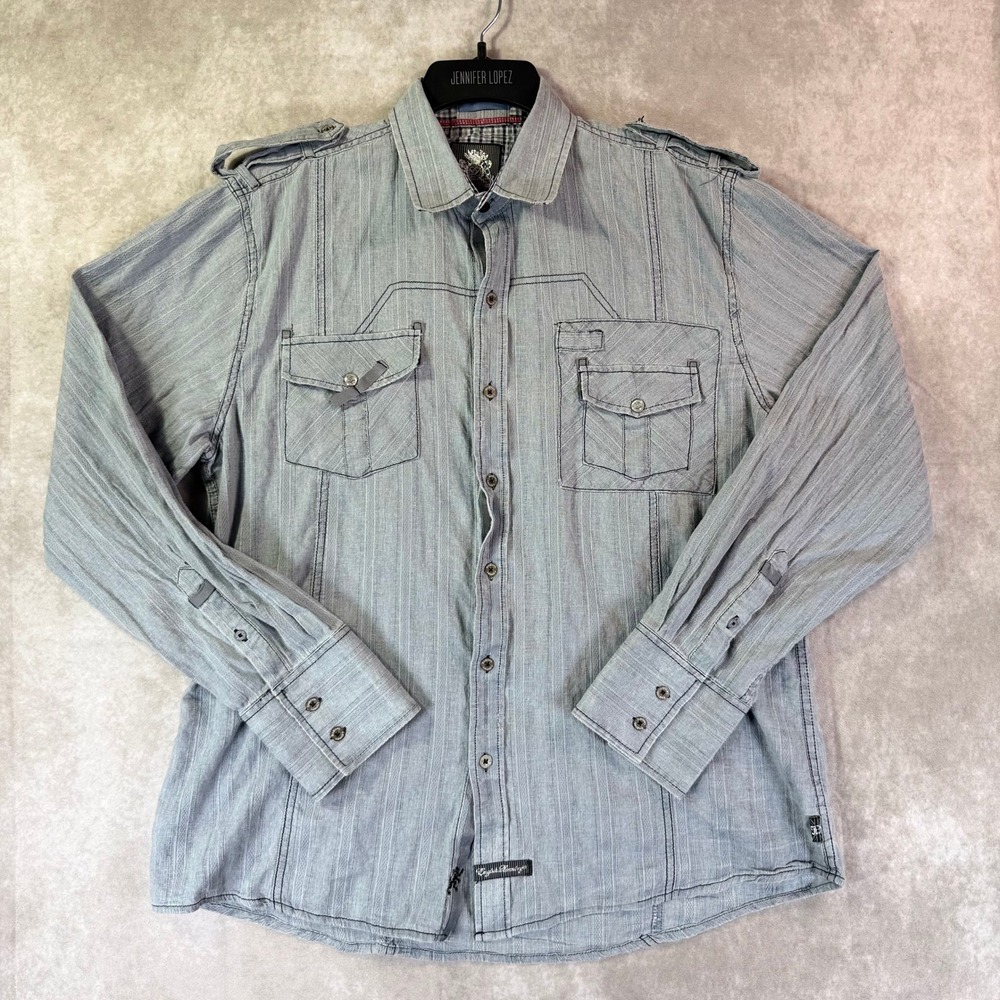 English Laundry Button Down Men Large Grey Blaque Label Military Epaulette Shirt